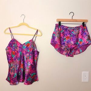 VTG Kathryn 90s Pajama Slip Satin Tank Top Short Set 2 Piece Floral Y2K SZ L
